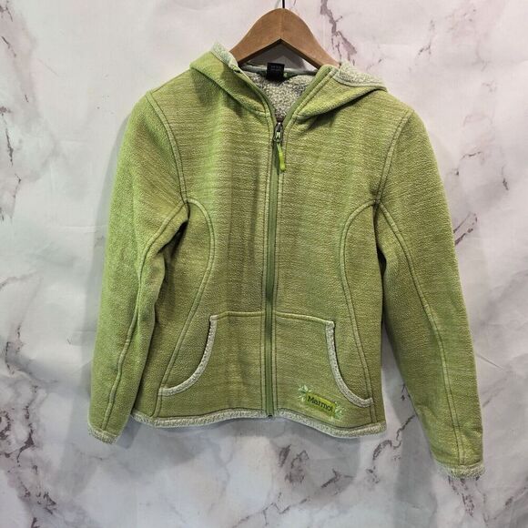 Marmot Jacket Womens Small Green Hooded Sherpa Teddy Fleece Full Zip Coat - Picture 1 of 10